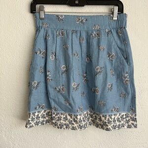 Loft Woman Blue Pockets Floral Linen Skirt, Size XXS/P